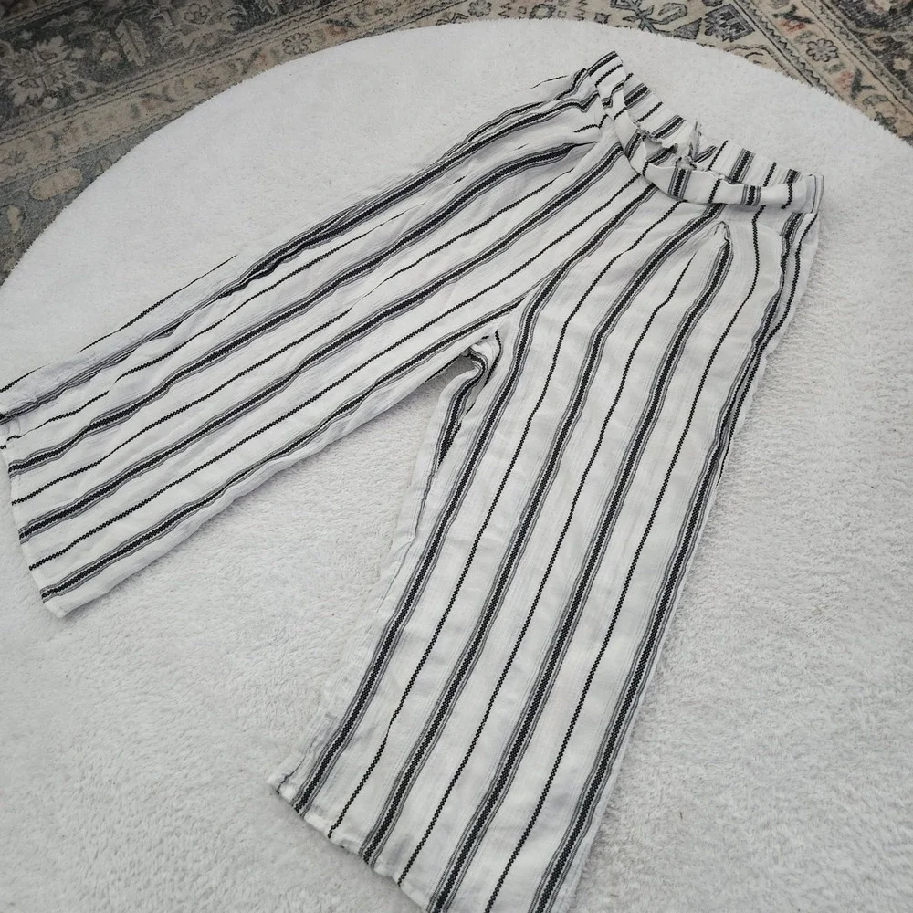 Blue Rain Womens Striped Wide Leg Cropped Pants Black White Linen Blend Medium‎ - Picture 8 of 8